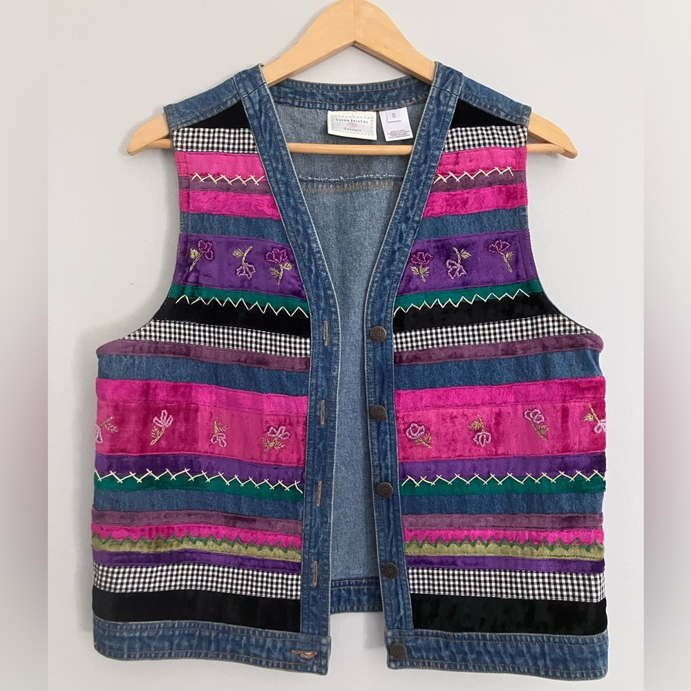 Susan Bristol Multicolor Embroidered Denim Vest - Pink, Purple, Green, Black - Picture 1 of 5